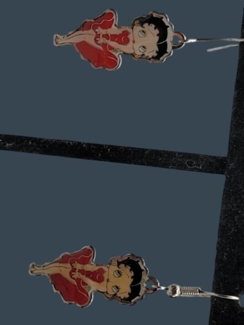Vintage Betty Boop Red Dress Dangling Hook Earrings KFS/FS Hearst Silver Tone 1"